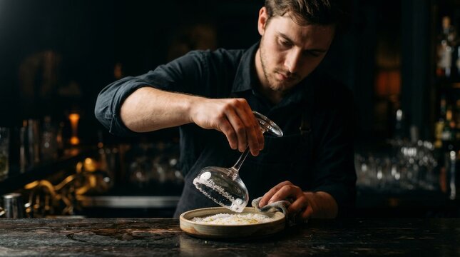 Professional male bartender rimming cocktail glass with salt.