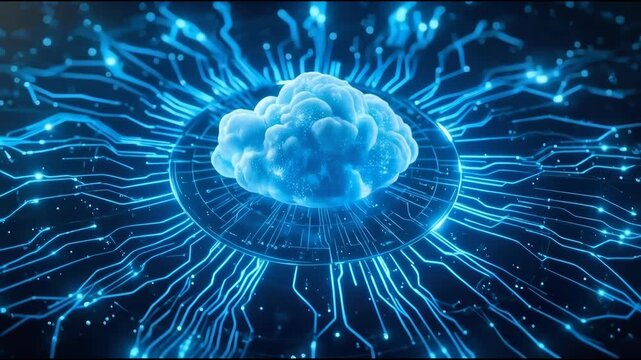 Cloud computing neural network circuitry technology glowing hub digital data flow futuristic blue