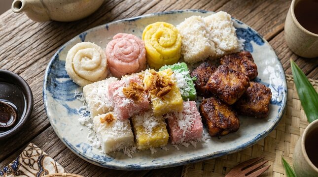 An assortment of traditional Indonesian jajan pasar snacks containing colorful getuk lindri cubes, rose-shaped getuk gulung, and sweet savory tempe bacem served on a rustic ceramic plate.