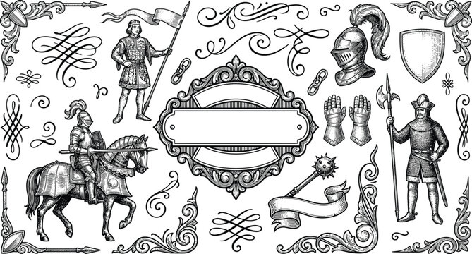 Vintage Medieval Knight and Heraldry Vector Set Featuring Warrior on Horseback Shield Helmet Guard Blank Label Frame and Ornate Filigree Vignette Elements