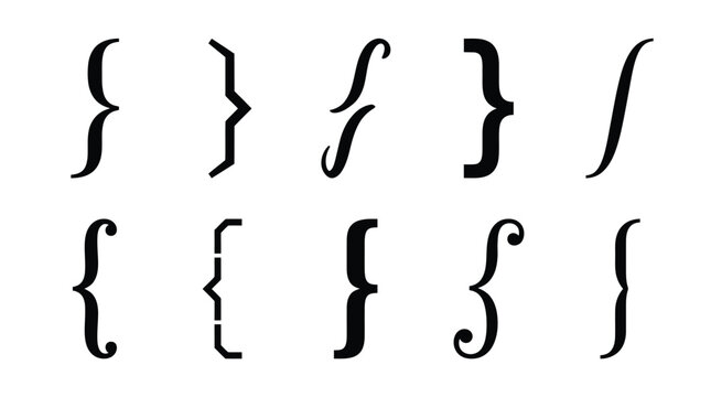 A collection of black typographic curly brackets and mathematical integral symbols on a clean white surface