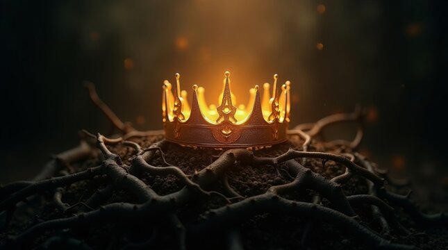 Glowing golden crown resting on dark tangled roots mysterious atmosphere.