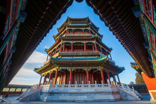 Foxiang Pavilion and painted flying eaves sunrise scenery in the Summer Palace, Beijing, China
