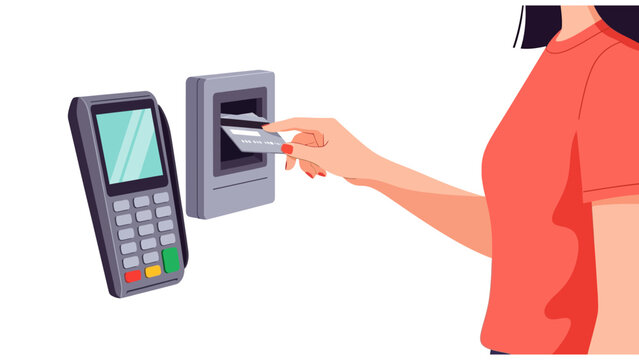 Woman inserting credit card into payment terminal and POS machine, electronic transaction vector illustration