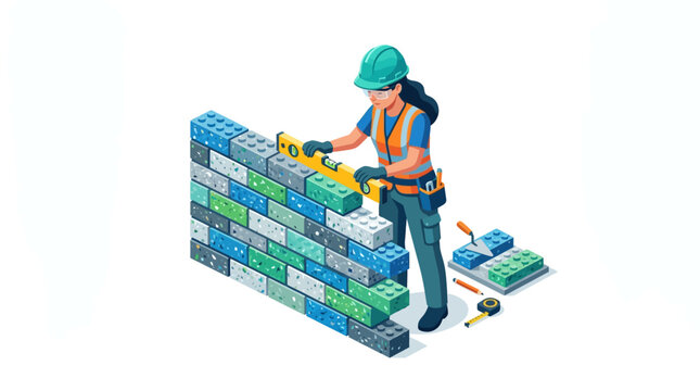 Isometric Female Construction Worker Building Wall with Eco Bricks