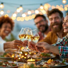 Fototapeta premium Friends celebrate together during dinner with drinks in a warm evening setting