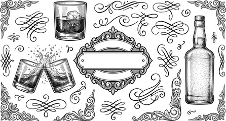 Vintage Whiskey and Distillery Vector Element Set Featuring Alcohol Bottle Glass Toasting Shots Blank Label Banners Filigree Vignettes and Ornate Corner Frames © Sultana