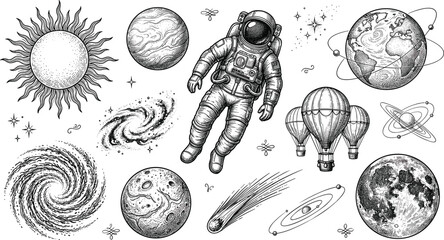 Vintage Outer Space Exploration Vector Set Featuring Astronaut Sun Moon Earth Planets Galaxy Comet Stars and Hot Air Balloon Engraving Illustrations © Sultana