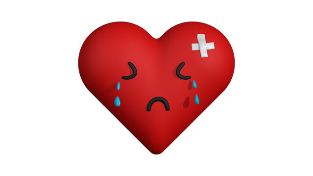 3D Crying Red Heart with Bandage, Cute Stylized Sad Broken Heart Character, Healing and Mental Health Concept