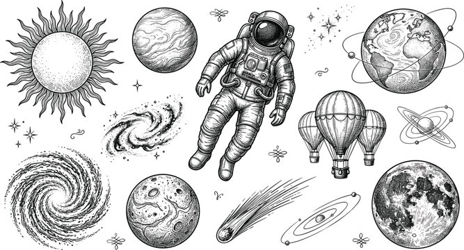 Vintage Outer Space Exploration Vector Set Featuring Astronaut Sun Moon Earth Planets Galaxy Comet Stars and Hot Air Balloon Engraving Illustrations