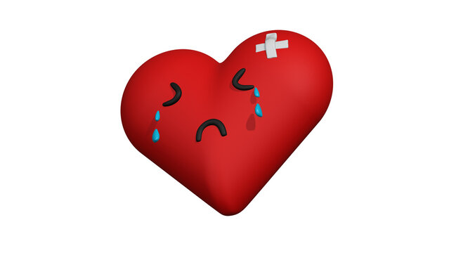 3D Crying Red Heart with Bandage, Cute Stylized Sad Broken Heart Character, Healing and Mental Health Concept