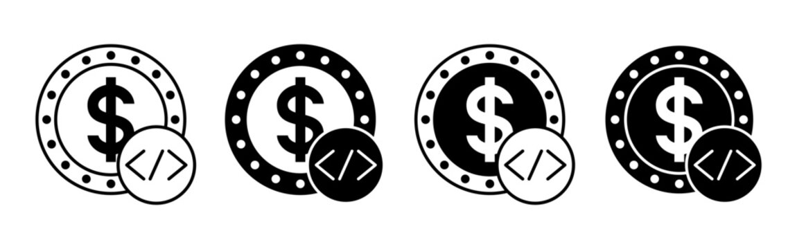 Set of three dollar sign coins with coding symbol.