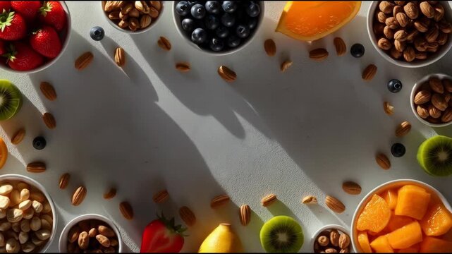 Fresh strawberry blueberry orange kiwi lemon almond fruit and nut flatlay marble countertop bright