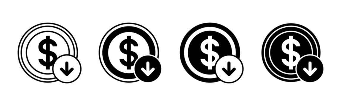 Set of four dollar sign icons with downward arrows.
