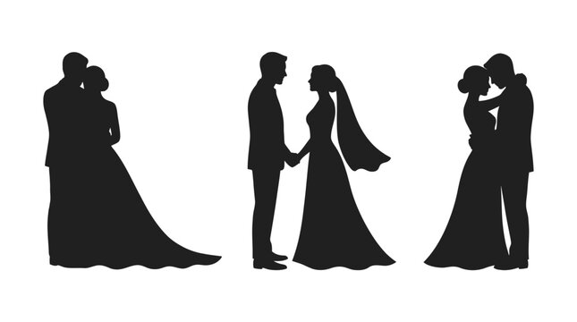 Three elegant black vector illustration silhouettes of a wedding couple in various romantic love poses