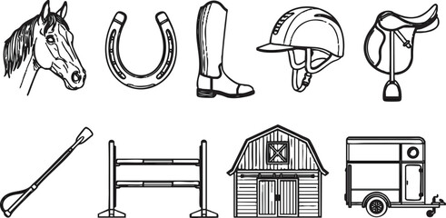 Equestrian equipment vector illustration set including horse head, saddle, boots, helmet, and barn © Ajoy
