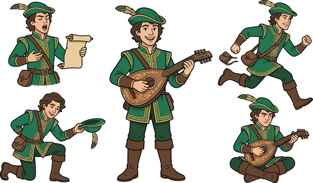 Medieval Bard and Minstrel Character Vector Set Featuring Troubadour Playing Lute Singing Running and Bowing in Fantasy Fairytale Costume Outfit Designs