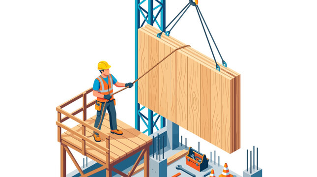 Isometric Construction Worker Guiding Large CLT Timber Panel being Lifted by Crane