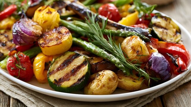 A delicious grilled vegetable platter beautifully presented on a linen napkin evoking a sense of harmony and healthy dining