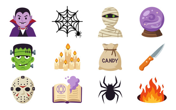 Halloween spooky flat icons collection bundle isolated on white background.