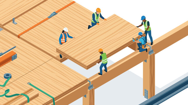 Isometric Illustration of Construction Workers Installing Mass Timber CLT Panels