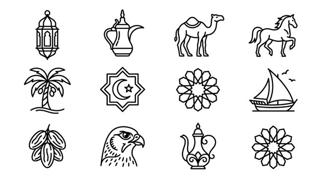 Middle Eastern Cultural Symbols Line Icons.