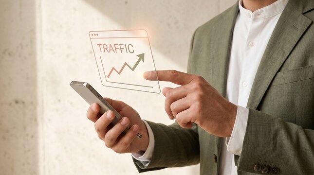 Professional businessman using a smartphone to analyze digital website traffic growth trends with an interactive holographic interface against a light wall