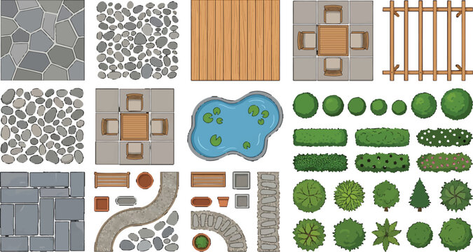 Garden landscape design elements set with top view paving stones wooden decking patio furniture pond and various green trees and bushes vector