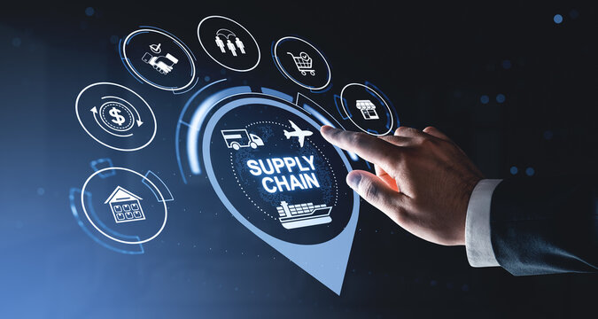 Digital supply chain interface with hand interacting with futuristic logistics icons on dark background highlighting global transport and commerce concept.