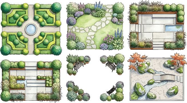 Set of garden landscape design plans with top view layouts including formal parterre, stone paths, modern patios, and zen rock garden elements