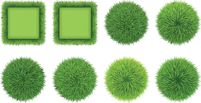 Set of green grass elements with square frames and circular tufts isolated on white background for landscape design and garden decoration vector illustration