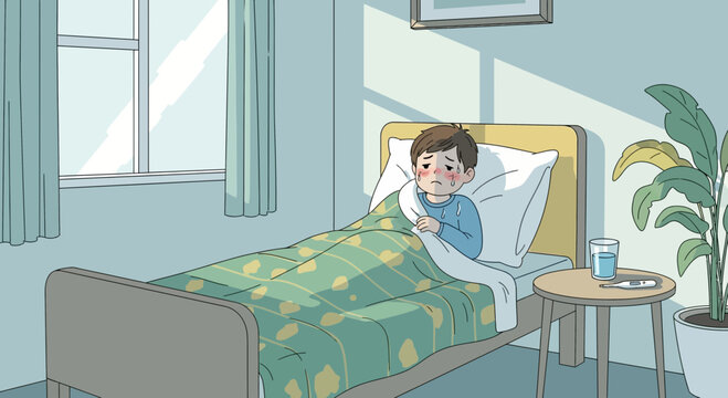 Sick Child Resting In Bed Feeling Unwell Amidst Sunlight And Plant