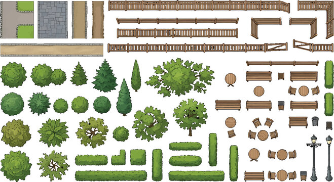 Top down park design elements set with trees hedges wooden fences benches and street lamps for game map creation in vector illustration