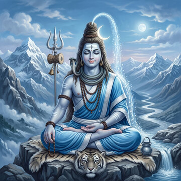 Lord Shiva Meditating on Tiger Skin with Ganga River Flowing