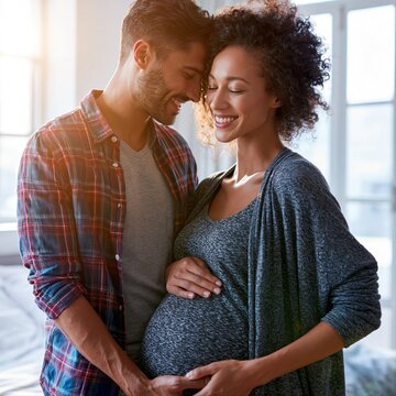 Couple shares a moment while expecting their baby at home during the afternoon light