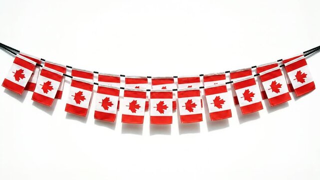 Canadian flag bunting hanging on white background for patriotic celebration.