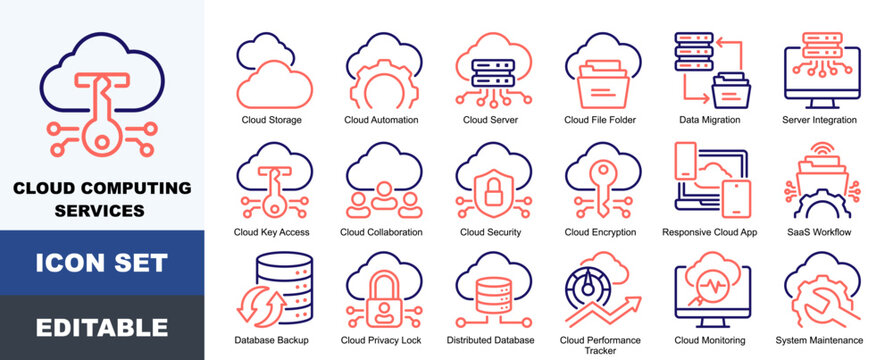 Cloud Computing Services Icon Pack Featuring Storage, Cloud Automation, Data Migration, Server Integration, Key Access, Collaboration, Security, Encryption and Responsive Cloud App