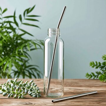 Stainless steel straw placed inside a clear glass bottle on a wooden table among plants in a bright kitchen