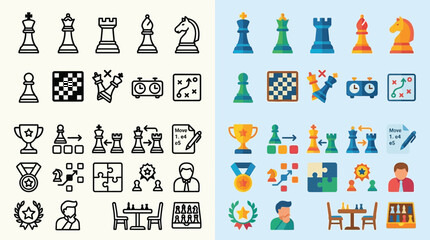 Collection of chess icons and symbols representing strategy, competition, and victory in a flat design style. © Farina