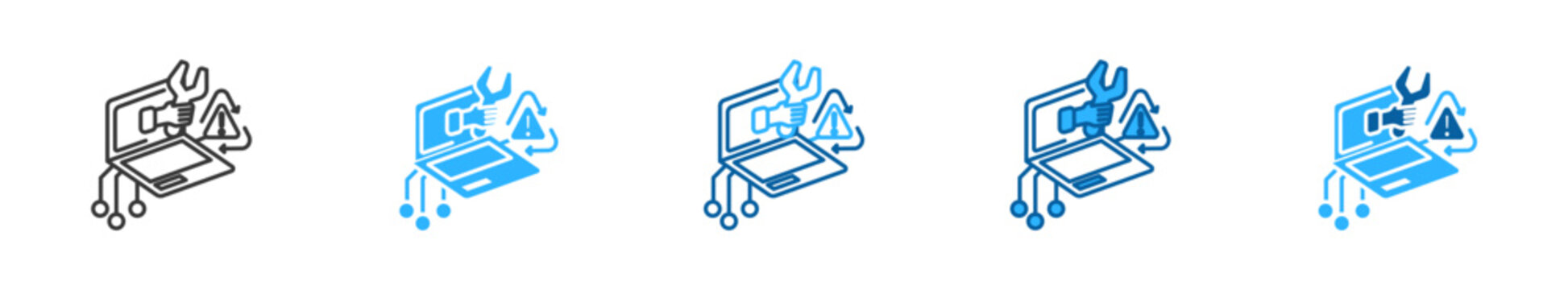 Network system software bug fixing and code error resolution icon pack. Five style icons representing debugging, shield protection, and patch fix.
