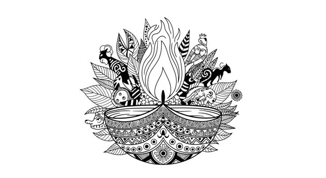 Diwali Diya Oil Lamp Zentangle Art Illustration