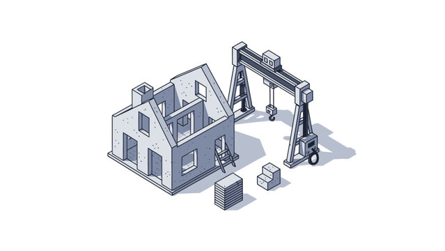 Isometric House Construction Site with Gantry Crane and Building Materials