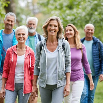 Group of people walking on a nature trail during a sunny day in a park