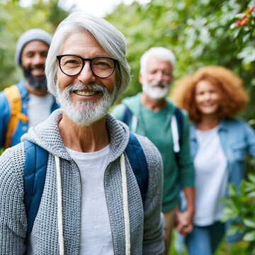 Group of friends hiking through a forest with smiling faces and nature all around in bright daylight