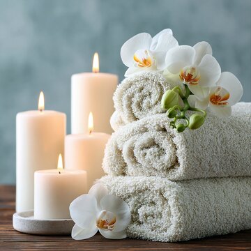 Candles and towels with flowers arranged on a wooden surface in a calm setting during evening hours