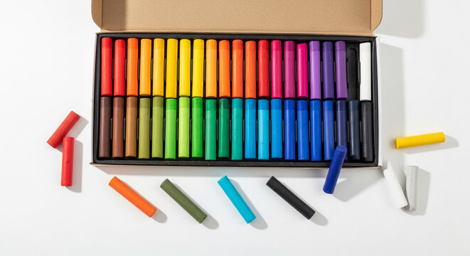 Vibrant colored wax crayons and markers in box