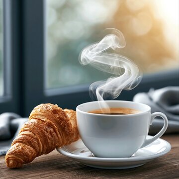 Warm coffee and croissant sit on a table near a window during morning light