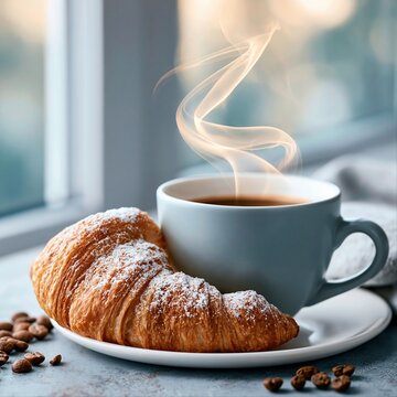 Warm coffee and croissant on a plate with steam rising, resting on a table by the window