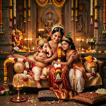 Mother Goddess Parvati Hugging Baby Ganesha and Bal Krishna