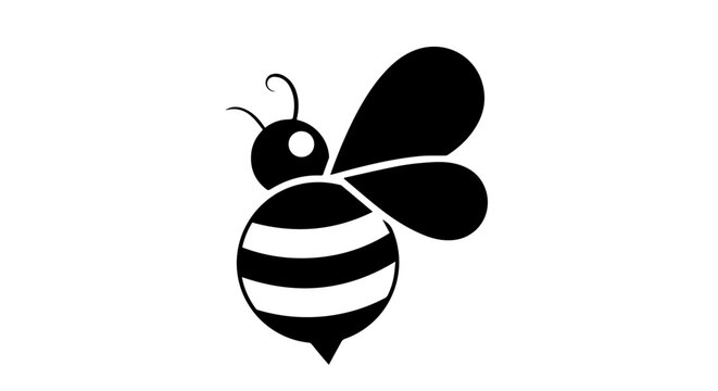 Minimalist black and white bee silhouette with striped abdomen and wings.